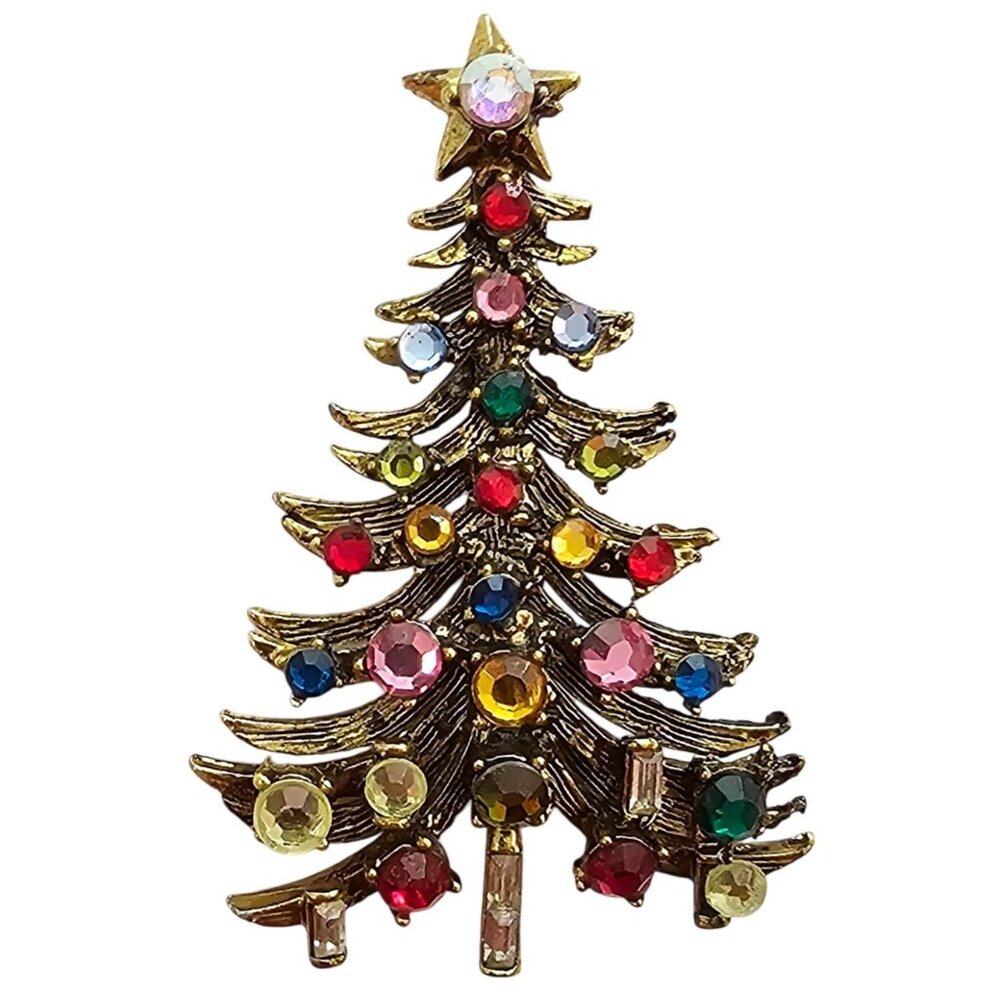 Holly Craft Christmas Tree Brooch Multi Color Rhinestone Pin Signed, J502